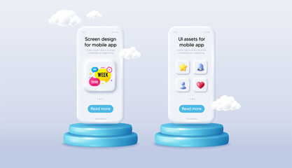 One week offer bubble banner. Phone mockup on podium. Product offer 3d pedestal. Discount sticker shape. Special offer icon. Background with 3d clouds. One week promotion message. Vector