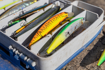 Plugs are a popular type of hard-bodied fishing lure.Preparation and selection of fishing lures. Fishing lures close up.Predator fishing concept.