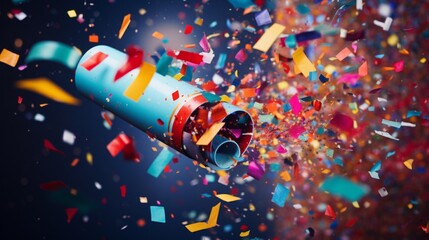 A confetti-filled New Year's party popper exploding with colorful energy, symbolizing the start of a joyous celebration.