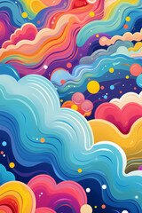 Surreal and serene illustration of flowing waves, bubbles, and clouds in pastel colors. Yellow, blue and purple psychedelic dreamscape