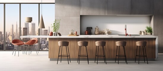 Stylish kitchen with cityscape window white walls stone floor gray countertops wooden cupboards bar with stools and dining table rendered in - obrazy, fototapety, plakaty