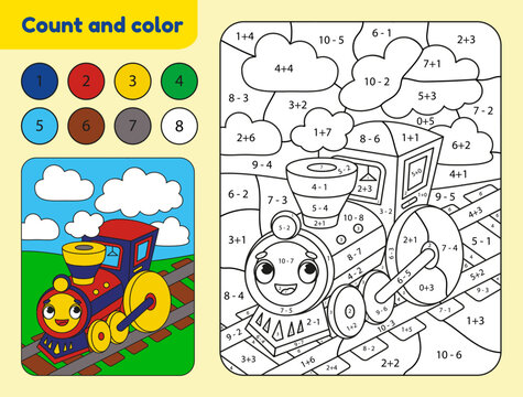 Cheerful train - coloring page for kids. Tasks for addition and subtraction for children in kindergarten,  preschool, elementary school. Printable worksheet developing numeracy.Vector illustration