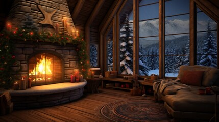 A cozy New Year's cabin nestled in the woods, with a warm fire and decorations in the window.