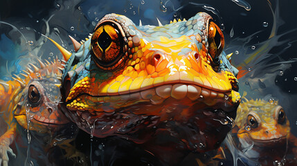 Dragon lizzard iguana smiling in a water or fire splash. - obrazy, fototapety, plakaty