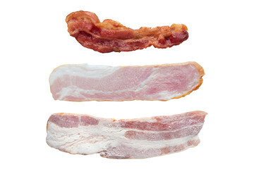 raw, frozen and fried smoked bacon slice isolated on white background