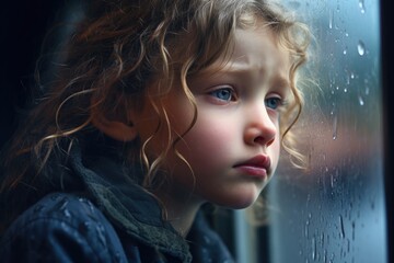 A sad blond girl child looking out of a window. raining. rain drops. blue eyes.