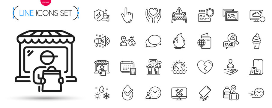 Pack of Fire energy, Dermatologically tested and Voting campaign line icons. Include Cursor, Hold heart, Ice cream pictogram icons. Delivery market, Warning road, Repair signs. Disaster. Vector