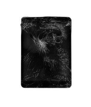 Black Touch Screen Tablet with broken screen isolated on white background. Broken tablet pc isolated on white background.