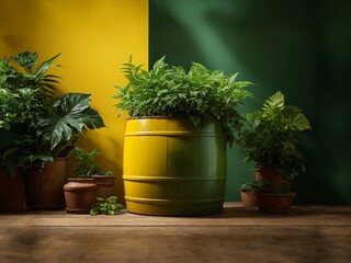 A barrel with plant on a green and yellow background
