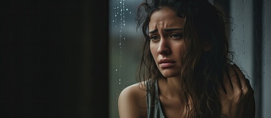 A weeping woman heartbroken and grieving at a rainy window after hearing distressing news