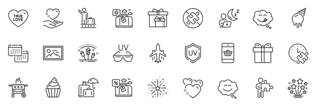 Icons pack as Delivery boxes, Cupcake and Sunglasses line icons for app include Fireworks explosion, Luggage insurance, Smile chat outline thin icon web set. Yummy smile, Luggage belt. Vector