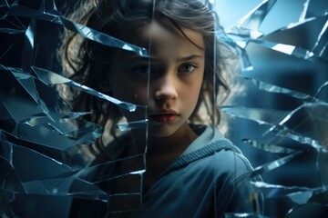 Pretty young child girl. Shoulder length hair. Blue jacket and hoodie. Shards of glass. Broken shattered glass. Tears Behind Broken Glass: A Child's Sorrow - obrazy, fototapety, plakaty