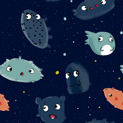 Diverse underwater world. Seamless tileable pattern of various aquatic creatures swimming in the deep blue ocean. Biodiversity of the oceanic fauna. Many different creatures that live in the ocean