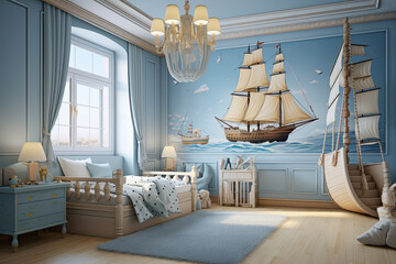 Children's bedroom with wall sailboat image. Soft blue walls, white cribs with blue linens