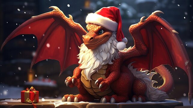 Dragon symbol of the year 2024 in christmas hat. Generative AI