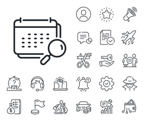 Annual planner sign. Salaryman, gender equality and alert bell outline icons. Calendar line icon. Search Event schedule symbol. Calendar line sign. Spy or profile placeholder icon. Vector