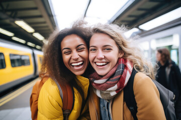 Portrait of two young female friends at a train station. They are laughing and having fun. Train in motion in background