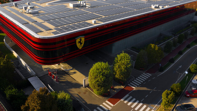 Aerial view of the Ferrari factory near Maranello, Emilia Romagna, Italy. The racing department of the automotive company is managed here. Fiorano Modenese, Italy - October, 2023