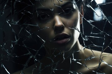 angry latina woman. sad woman looking through a broken shattered glass. depression, grief, abuse, heartache, brokenhearted, inner healing. - obrazy, fototapety, plakaty