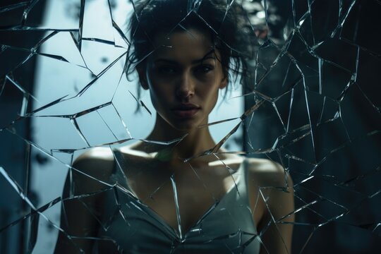 Mysterious intense sexy gaze. pulled back black hair. sad woman looking through a broken shattered glass. depression, grief, abuse, heartache, brokenhearted, inner healing.