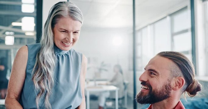 Business team, high five and celebrate success, target or win in an office with teamwork, collaboration and a laptop. Man and woman happy for winning, feedback and profit or goal with collaboration