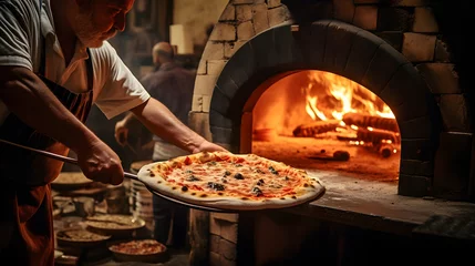 Foto op Plexiglas Chef pizza maker making a homemade pizza in an Italian pizzeria restaurant placing it into oven with fire with special paddle in a rustic background © petrrgoskov