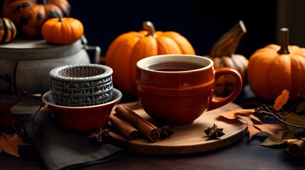 Obraz na płótnie Canvas Pumpkin spice cup of tea stock photo, cozy teatime autumn drink