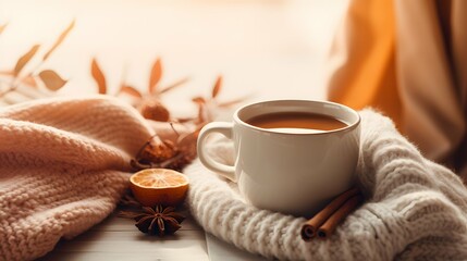 Pumpkin spice cup of tea stock photo, cozy teatime autumn drink