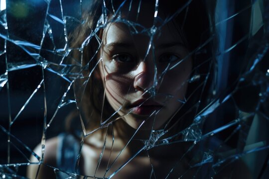 Brunette. shoulder length hair. sad woman looking through a broken shattered glass. depression, grief, abuse, heartache, brokenhearted, inner healing.