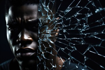 Man looking through a broken glass. Shattered Emotions: The Sorrow in His Eyes - A Portrait of Resilience. Resilience Amidst Despair: A Black Man's Strength in Sorrow - obrazy, fototapety, plakaty
