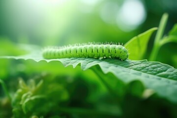  a green caterpillar crawling on a leaf in the sun.  generative ai - obrazy, fototapety, plakaty