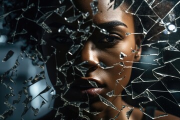 Looking through broken shattered glass. Shards of glass. See through. Gazing Through the Broken: A Black Woman's Heartache - obrazy, fototapety, plakaty