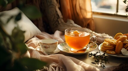 Pumpkin spice cup of tea stock photo, cozy teatime autumn drink
