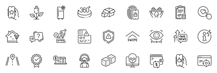 Icons pack as Shield, Safe water and Swipe up line icons for app include Question mark, Accounting checklist, Dice outline thin icon web set. Card, Seo targeting, Power info pictogram. Vector - obrazy, fototapety, plakaty