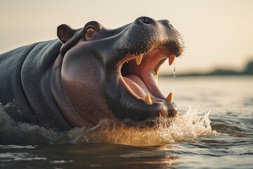  a hippopotamus is in the water with its mouth open.  generative ai - obrazy, fototapety, plakaty