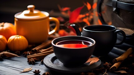 Pumpkin spice cup of tea stock photo, cozy teatime autumn drink