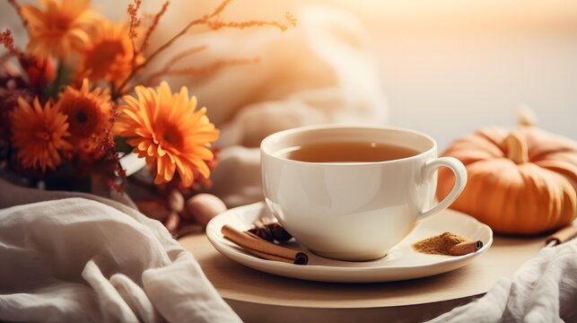 Pumpkin spice cup of tea stock photo, cozy teatime autumn drink