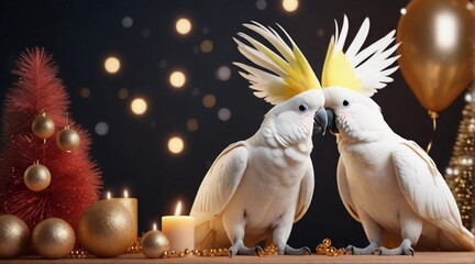 Cute cockatoos playing against New Year's eve ambience background with space for text, background image, AI generated