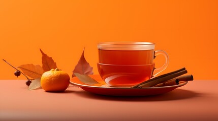 Naklejka na ściany i meble Pumpkin spice cup of tea stock photo, cozy teatime autumn drink