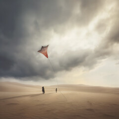 person flying kite on the beach gloomy sky