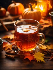 Pumpkin spice cup of tea stock photo, cozy teatime autumn drink