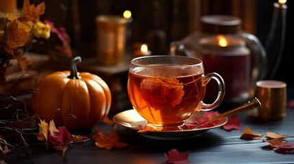 Pumpkin spice cup of tea stock photo, cozy teatime autumn drink