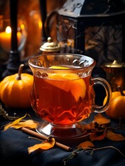 Pumpkin spice cup of tea stock photo, cozy teatime autumn drink
