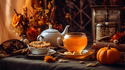 Pumpkin spice cup of tea stock photo, cozy teatime autumn drink