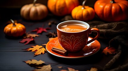 Pumpkin spice cup of tea stock photo, cozy teatime autumn drink