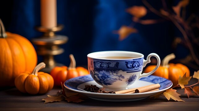 Pumpkin spice cup of tea stock photo, cozy teatime autumn drink