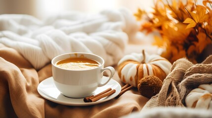 Pumpkin spice cup of tea stock photo, cozy teatime autumn drink - obrazy, fototapety, plakaty