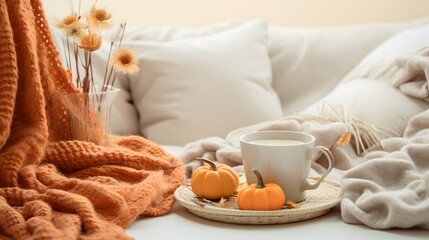 Fototapeta na wymiar Pumpkin spice cup of tea stock photo, cozy teatime autumn drink