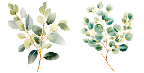 Set of green and golden watercolor eucalyptus leaves, isolated on transparent background
