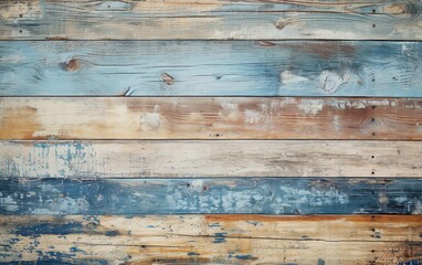 Texture of vintage wood boards with cracked paint of light blue, beige, brown and white color. Retro background with old wooden planks of different colors.